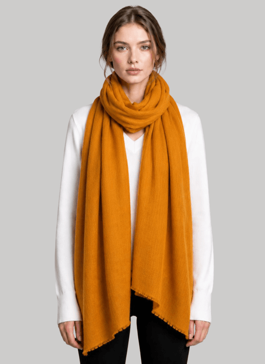 Mustard yellow pure Pashmina stole from Cashmere Knot Ireland, featuring lightweight softness and timeless elegance for women in Ireland