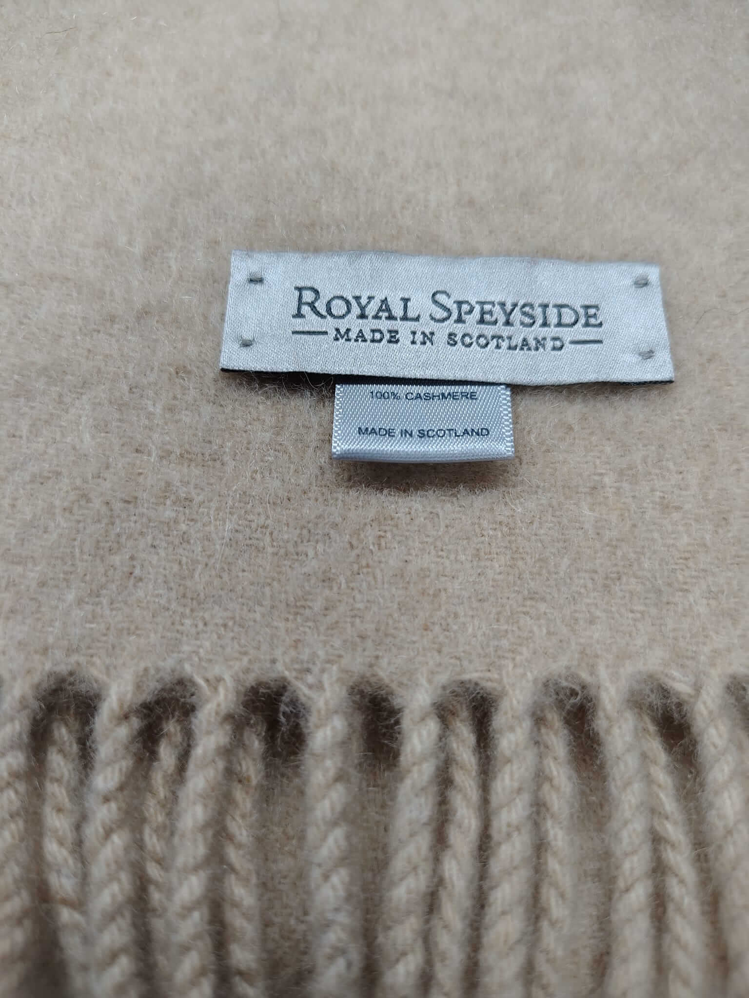 Royal Speyside beige preloved pure cashmere scarf from Ireland, soft luxury wrap