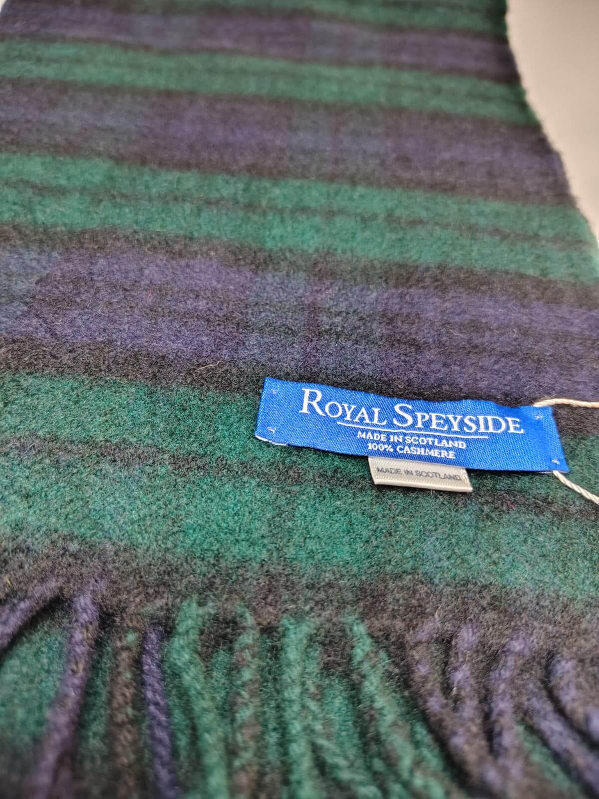 Royal Speyside Graham of Menteith Modern Tartan forest green and deep navy blue preloved pure cashmere scarf from Ireland, soft luxury wrap