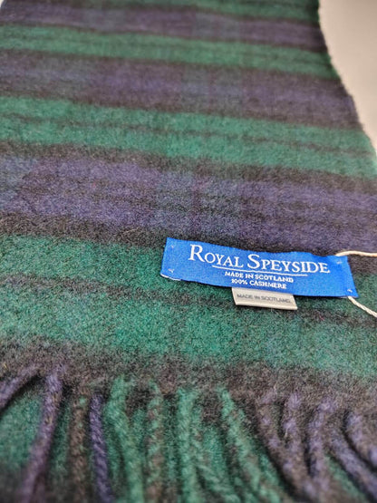 Royal Speyside Graham of Menteith Modern Tartan forest green and deep navy blue preloved pure cashmere scarf from Ireland, soft luxury wrap