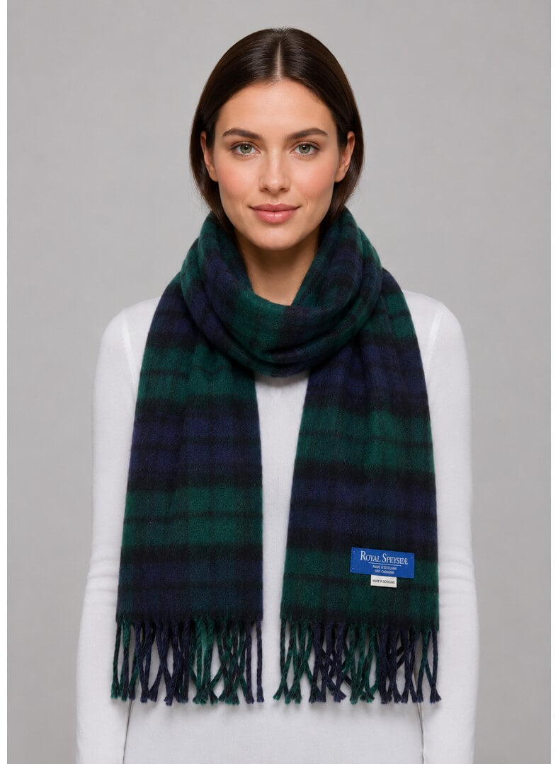 Royal Speyside Graham of Menteith Modern Tartan forest green and deep navy blue preloved pure cashmere scarf from Ireland, soft luxury wrap