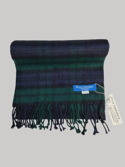 Royal Speyside Graham of Menteith Modern Tartan forest green and deep navy blue preloved pure cashmere scarf from Ireland, soft luxury wrap