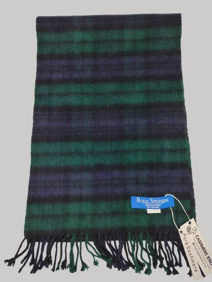 Royal Speyside Graham of Menteith Modern Tartan forest green and deep navy blue preloved pure cashmere scarf from Ireland, soft luxury wrap