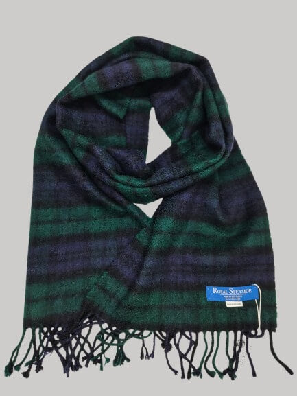 Royal Speyside Graham of Menteith Modern Tartan forest green and deep navy blue preloved pure cashmere scarf from Ireland, soft luxury wrap