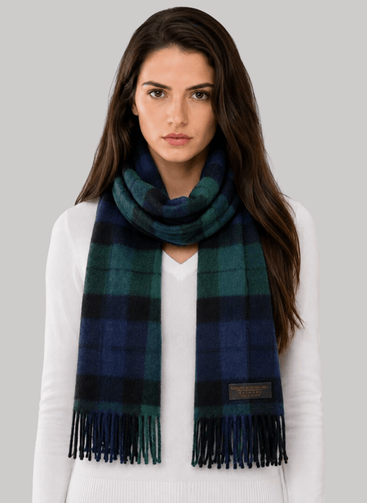 Tartan Weaving Mill preloved pure cashmere muffler from Ireland, green and blue check