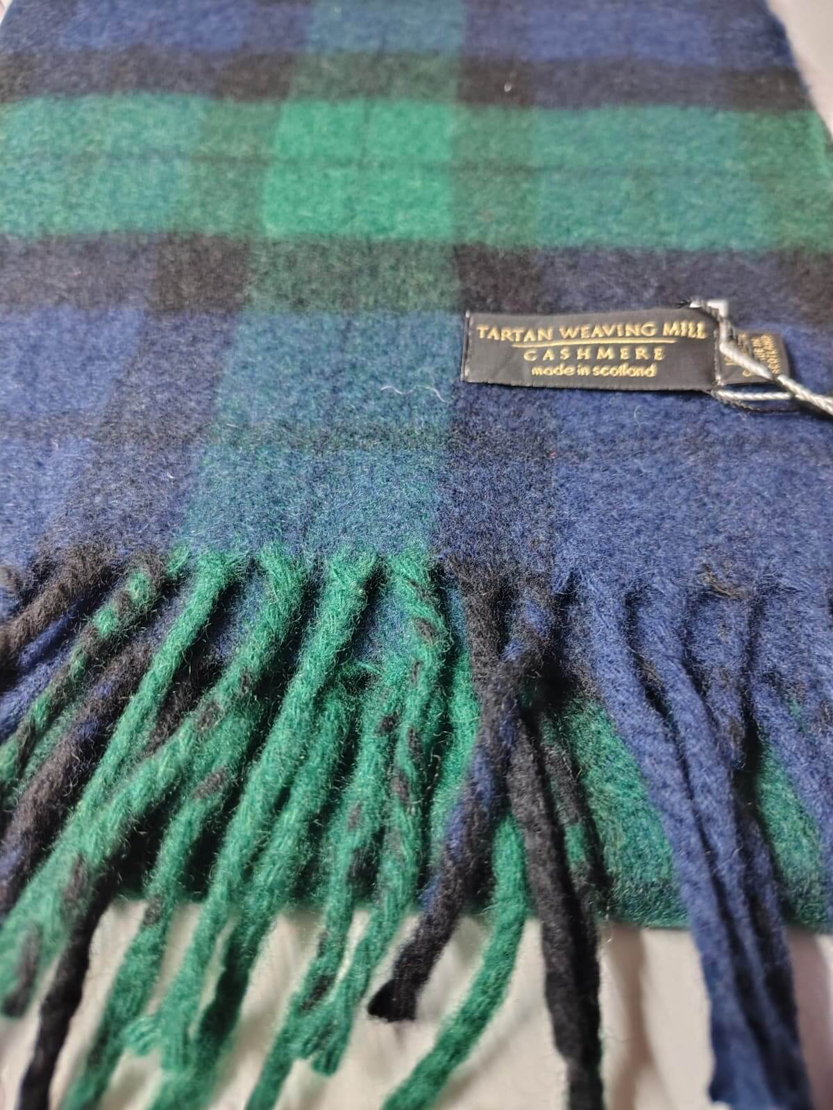 Tartan Weaving Mill preloved pure cashmere muffler from Ireland, green and blue check