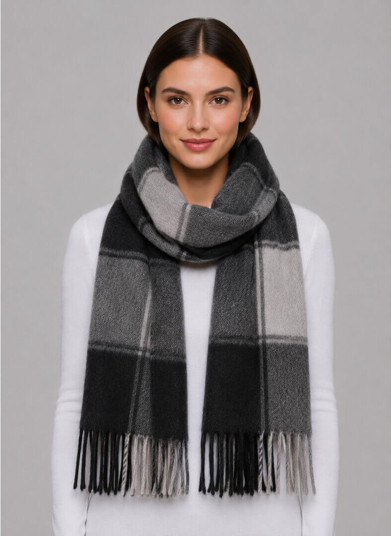 TCM Tchibo Certified Merchandise charcoal and light gray plaid preloved pure cashmere scarf from Ireland, soft luxury wrap