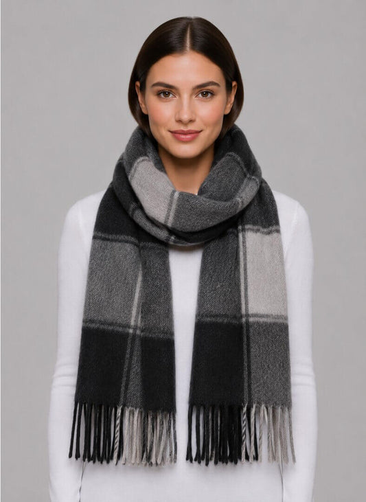 TCM Tchibo Certified Merchandise charcoal and light gray plaid preloved pure cashmere scarf from Ireland, soft luxury wrap