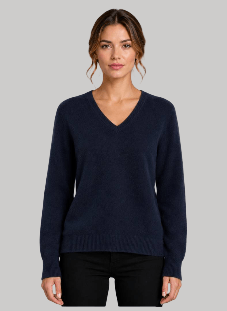 TEX Dark Navy preloved pure cashmere V-neck jumper Large UK and Ireland fit with long sleeves from Cashmere Knot Ireland