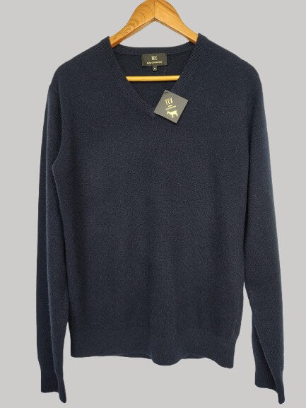 TEX Dark Navy preloved pure cashmere V-neck jumper Large UK and Ireland fit with long sleeves from Cashmere Knot Ireland