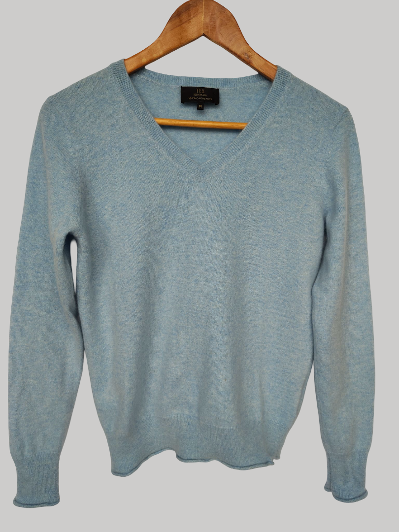 TEX preloved pure cashmere V-neck jumper in Heather Light Blue with long sleeves curated by Cashmere Knot Ireland
