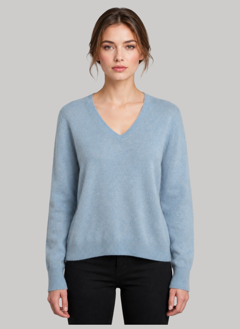 TEX preloved pure cashmere V-neck jumper in Heather Light Blue with long sleeves curated by Cashmere Knot Ireland