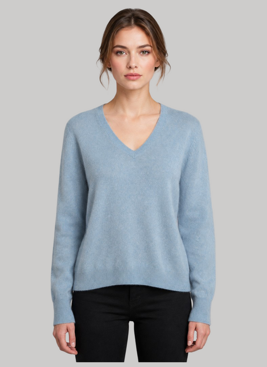 TEX preloved pure cashmere V-neck jumper in Heather Light Blue with long sleeves curated by Cashmere Knot Ireland