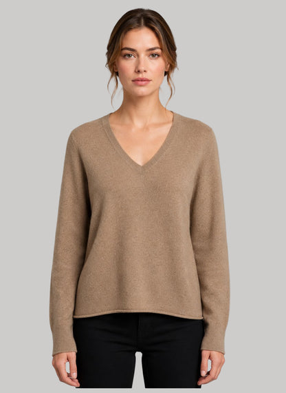 TEX Taupe pure cashmere V-neck jumper size XL with relaxed fit and long sleeves from Cashmere Knot Ireland
