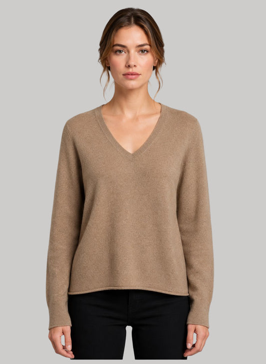 TEX Taupe pure cashmere V-neck jumper size XL with relaxed fit and long sleeves from Cashmere Knot Ireland