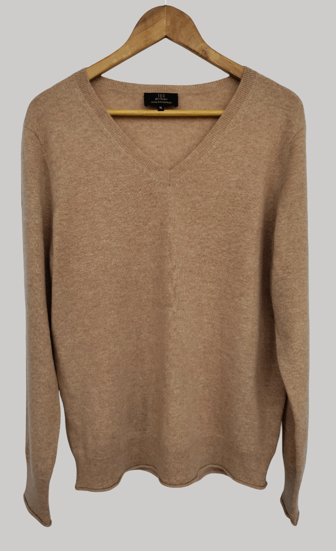 TEX Taupe pure cashmere V-neck jumper size XL with relaxed fit and long sleeves from Cashmere Knot Ireland