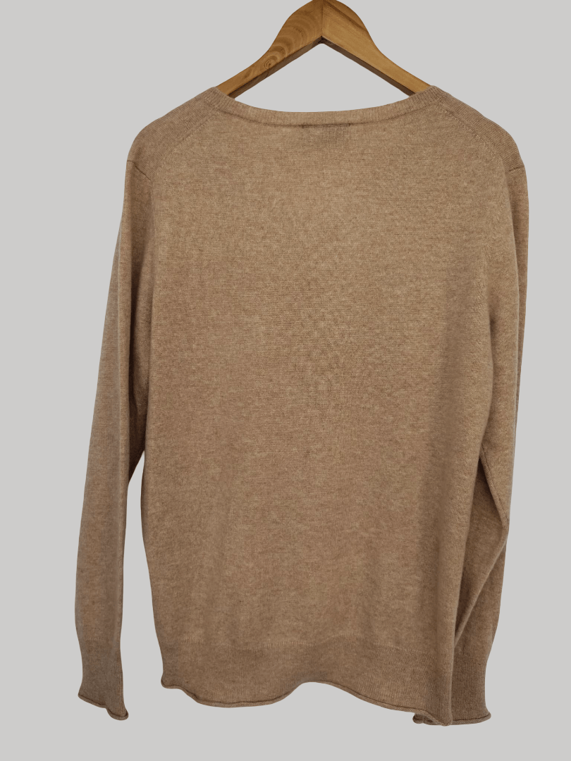 TEX Taupe pure cashmere V-neck jumper size XL with relaxed fit and long sleeves from Cashmere Knot Ireland