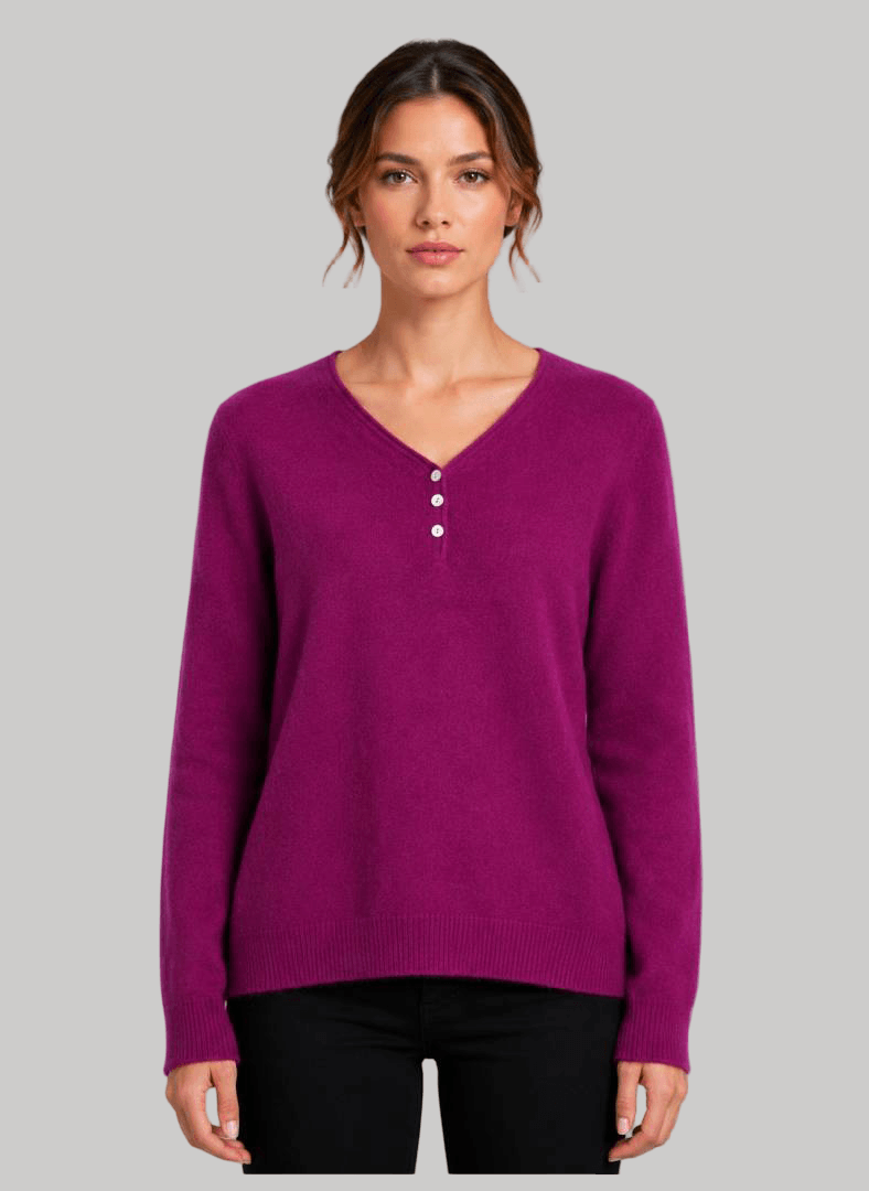 Tissaia Fuchsia Berry preloved cashmere blend V-neck Henley jumper slim fit with long sleeves from Cashmere Knot Ireland