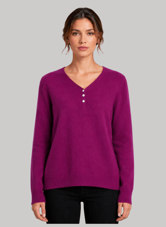 Tissaia Fuchsia Berry preloved cashmere blend V-neck Henley jumper slim fit with long sleeves from Cashmere Knot Ireland
