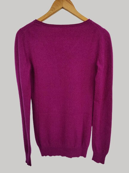 Tissaia Fuchsia Berry preloved cashmere blend V-neck Henley jumper slim fit with long sleeves from Cashmere Knot Ireland