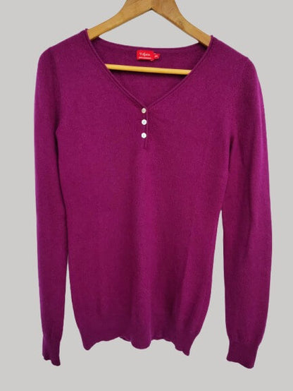 Tissaia Fuchsia Berry preloved cashmere blend V-neck Henley jumper slim fit with long sleeves from Cashmere Knot Ireland