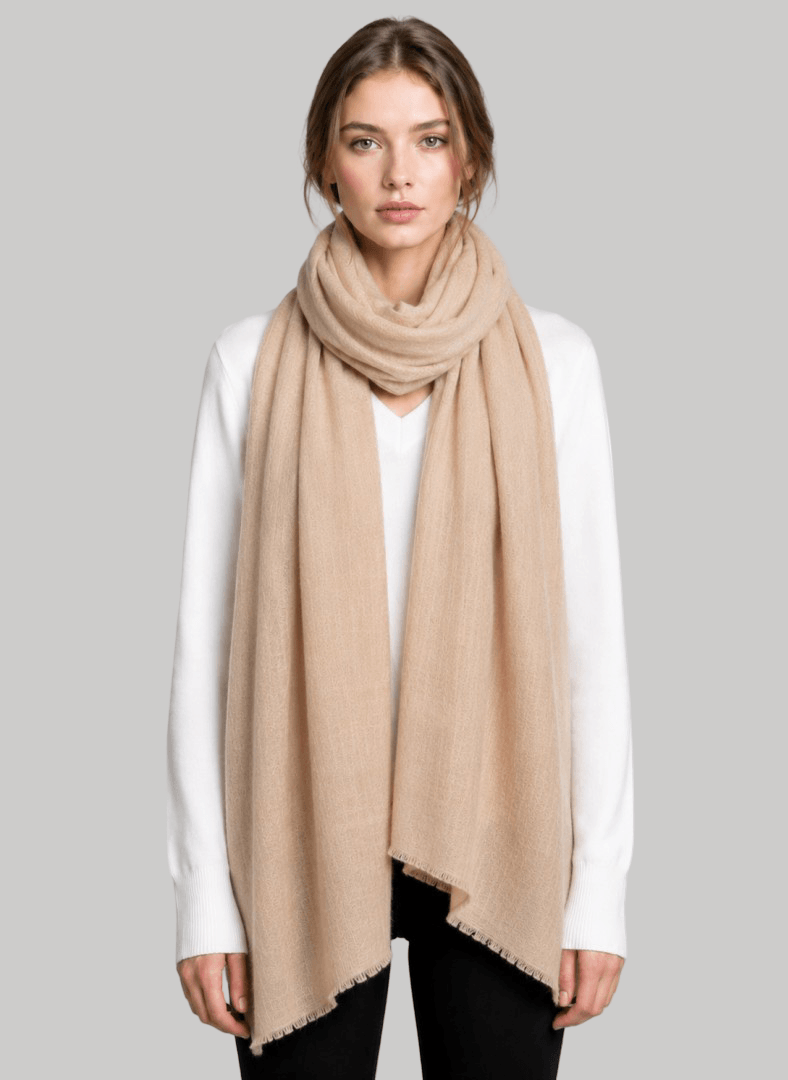 Warm beige-brown pure Pashmina stole from Cashmere Knot Ireland, featuring lightweight softness and timeless elegance for women in Ireland