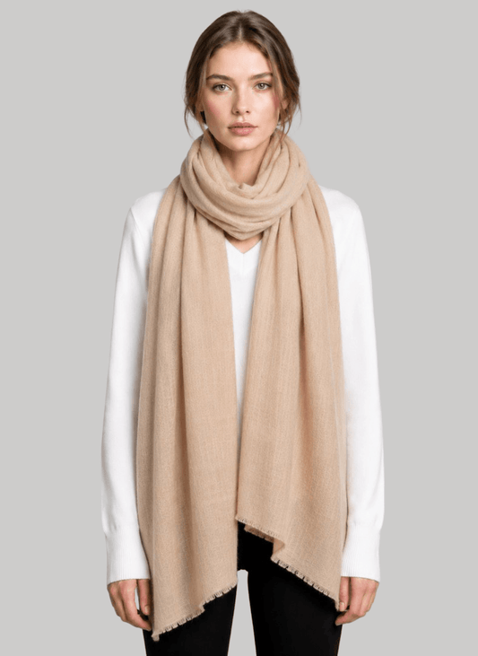 Warm beige-brown pure Pashmina stole from Cashmere Knot Ireland, featuring lightweight softness and timeless elegance for women in Ireland