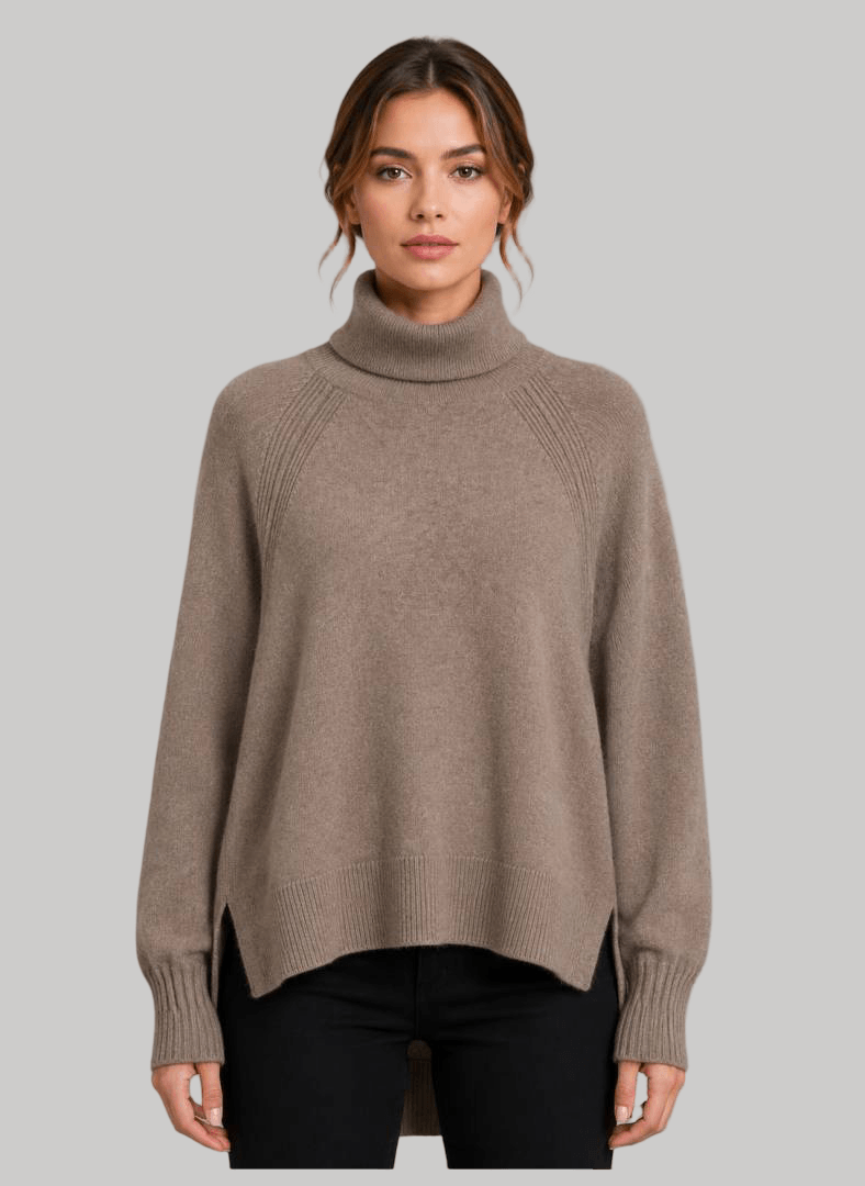 Whistles French Beige preloved pure cashmere turtleneck jumper with loose fit raglan sleeves side slits and long back from Cashmere Knot Ireland