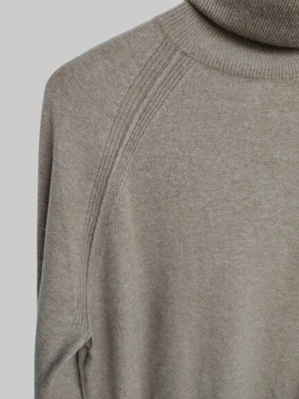 Whistles French Beige preloved pure cashmere turtleneck jumper with loose fit raglan sleeves side slits and long back from Cashmere Knot Ireland