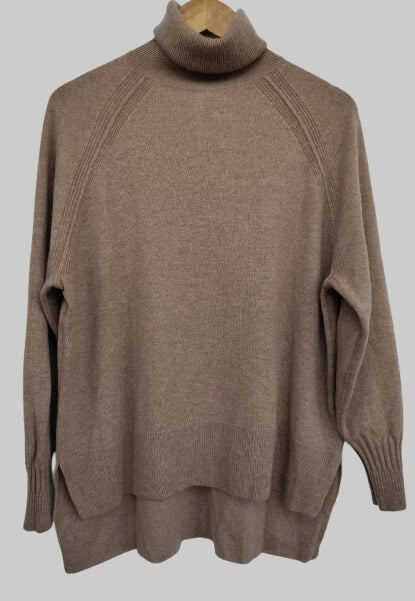 Whistles French Beige preloved pure cashmere turtleneck jumper with loose fit raglan sleeves side slits and long back from Cashmere Knot Ireland