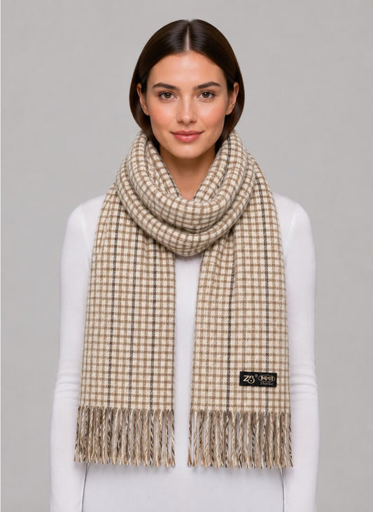 ZHENBEI camel micro check preloved pure cashmere scarf from Ireland, soft luxury wrap